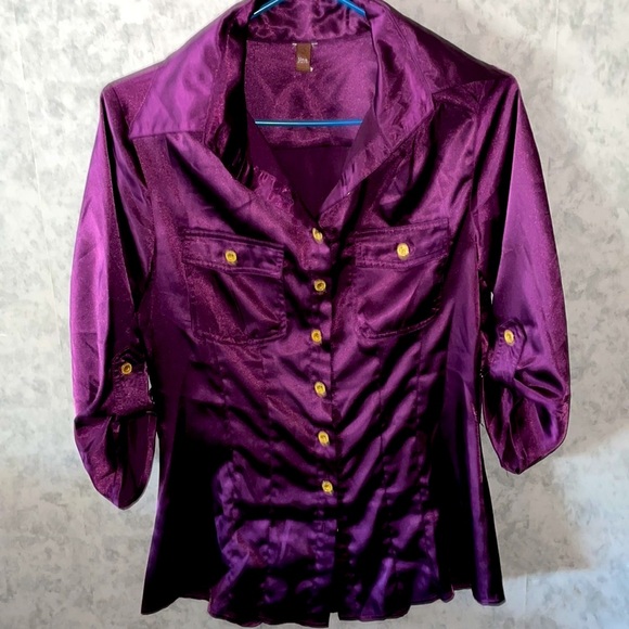 Purple Satin 3/4 Sleeve Tailored Gold Button Down Blouse w/ Pockets - Picture 3 of 8